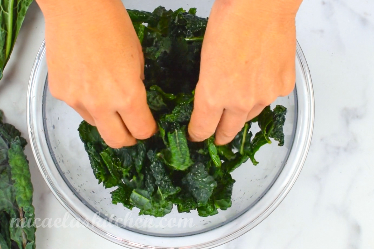 Removing stems from kale