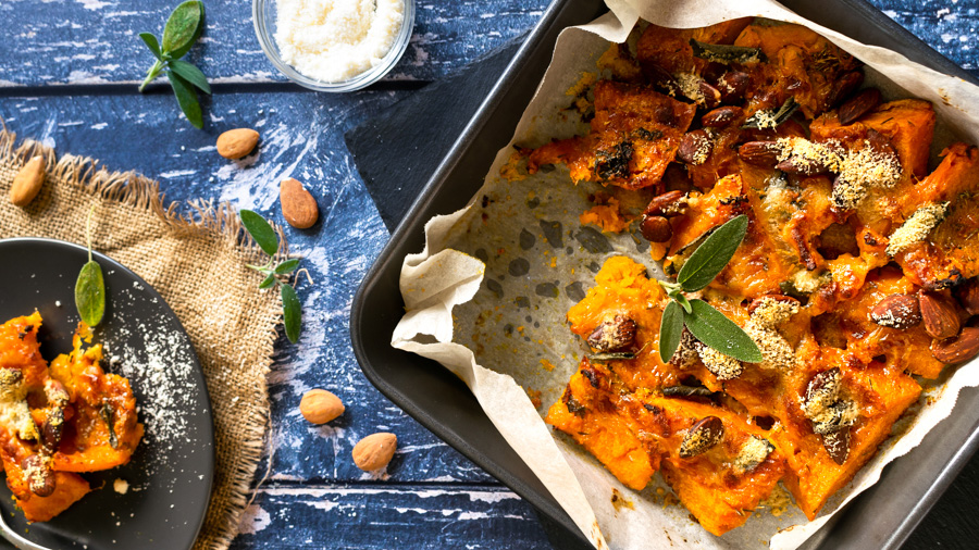 Autumn in Italy: Roasted Pumpkin with Herbs, Almonds and Parmesan 